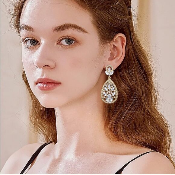 Yellow Gold with White Diamond Austrian Crystal Teardrop Chandelier Earrings - Picture 6 of 7